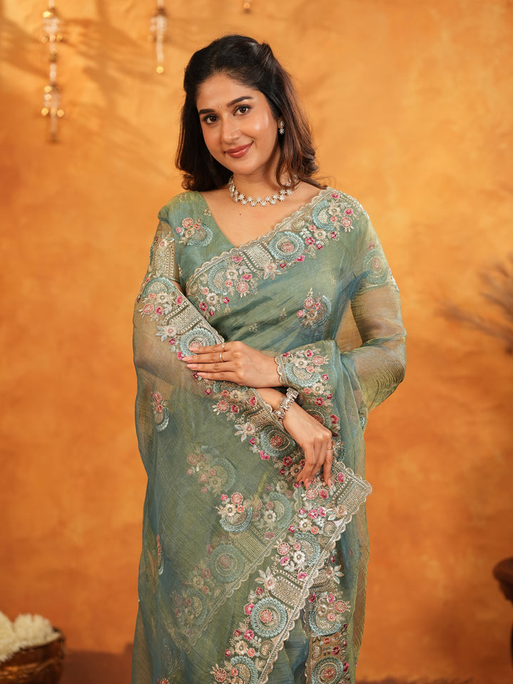 Teal Green Fendy Satin Embroidered Saree with Multicolor Floral Border & Tassels | Premium Designer Saree with Heavy Embroidered Blouse