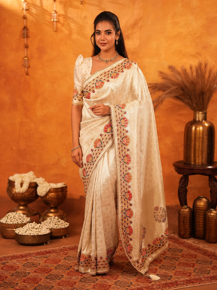 Elegant Cream Beige Banarasi Silk Saree with Multicolor Peacock Floral Embroidered Border & Zari Weaving | Premium Festive Wedding Wear Saree