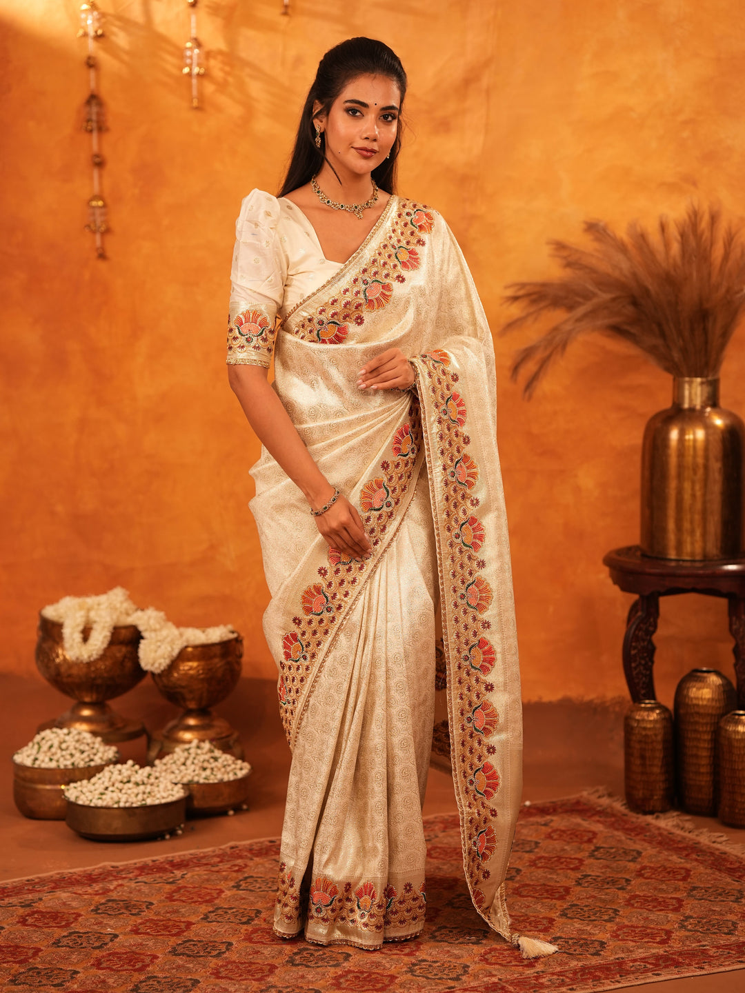 Elegant Cream Beige Banarasi Silk Saree with Multicolor Peacock Floral Embroidered Border & Zari Weaving | Premium Festive Wedding Wear Saree