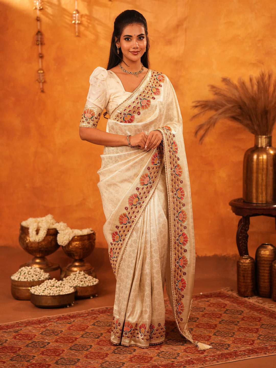 Elegant Cream Beige Banarasi Silk Saree with Multicolor Peacock Floral Embroidered Border & Zari Weaving | Premium Festive Wedding Wear Saree