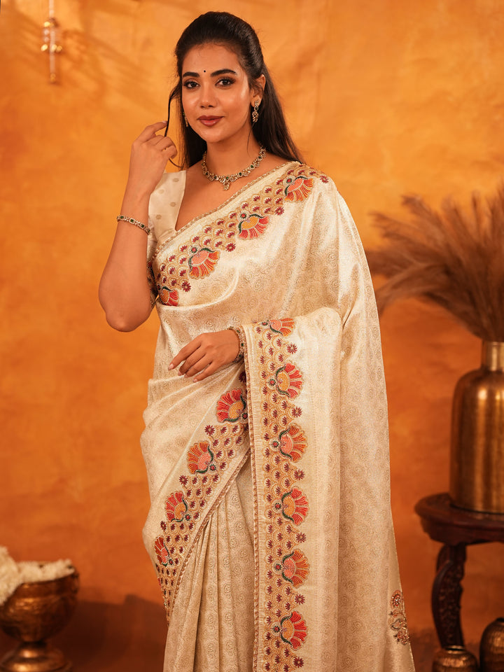 Elegant Cream Beige Banarasi Silk Saree with Multicolor Peacock Floral Embroidered Border & Zari Weaving | Premium Festive Wedding Wear Saree