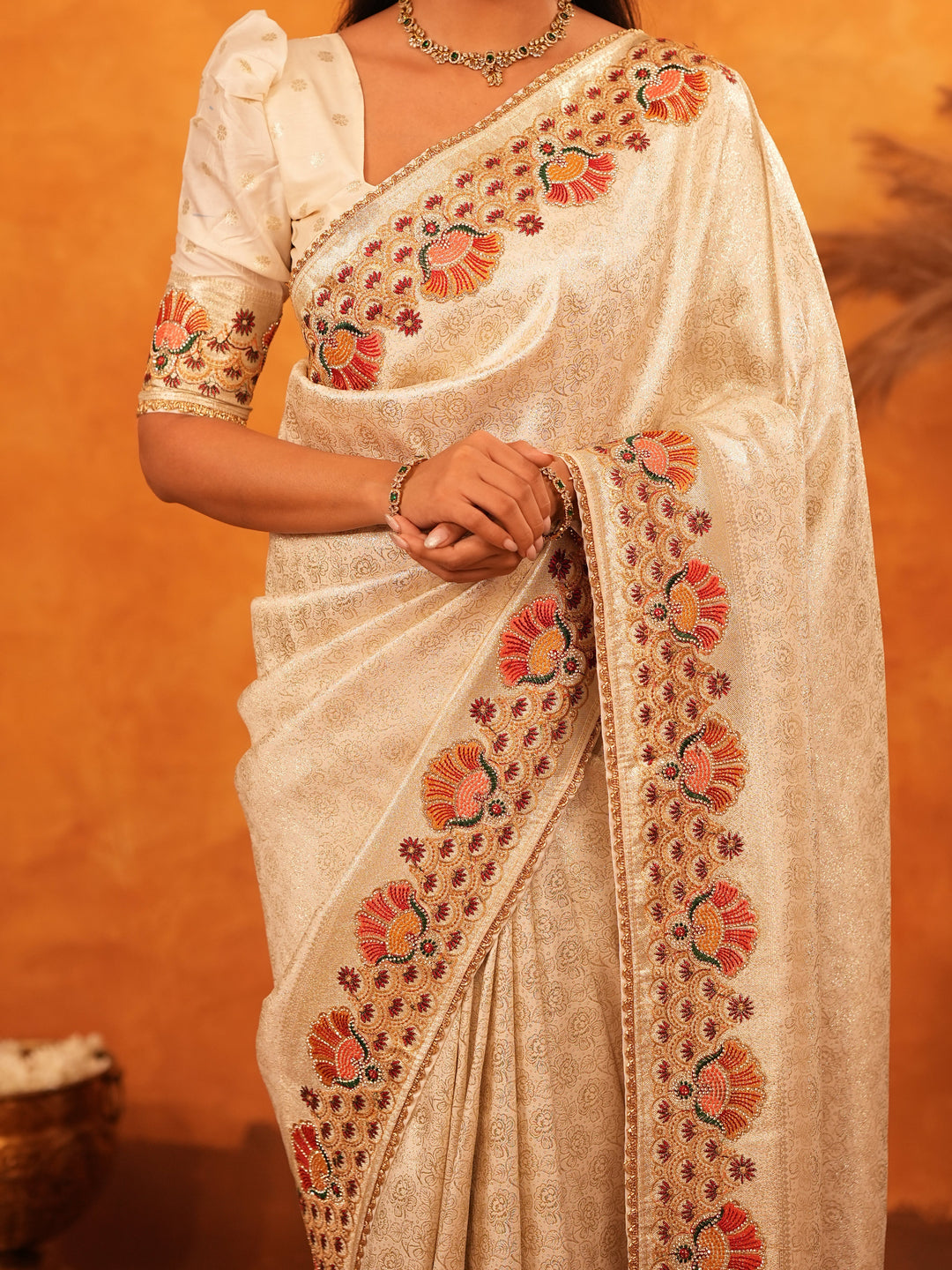 Elegant Cream Beige Banarasi Silk Saree with Multicolor Peacock Floral Embroidered Border & Zari Weaving | Premium Festive Wedding Wear Saree