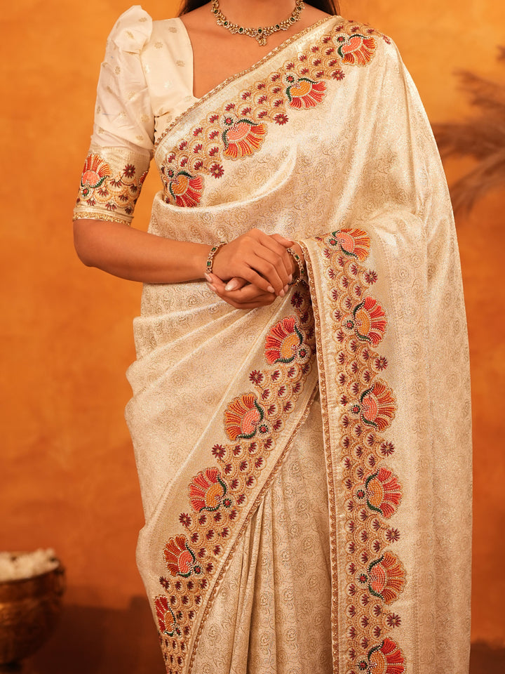 Elegant Cream Beige Banarasi Silk Saree with Multicolor Peacock Floral Embroidered Border & Zari Weaving | Premium Festive Wedding Wear Saree