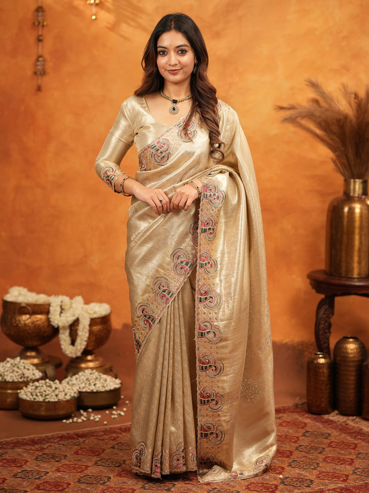 Champagne Gold Banarasi Silk Embroidered Saree with Paisley Border & Zari Weaving | Heavy Embroidered Blouse with Tassels | Wedding & Festive Wear Saree