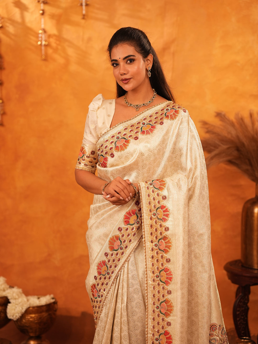 Elegant Cream Beige Banarasi Silk Saree with Multicolor Peacock Floral Embroidered Border & Zari Weaving | Premium Festive Wedding Wear Saree