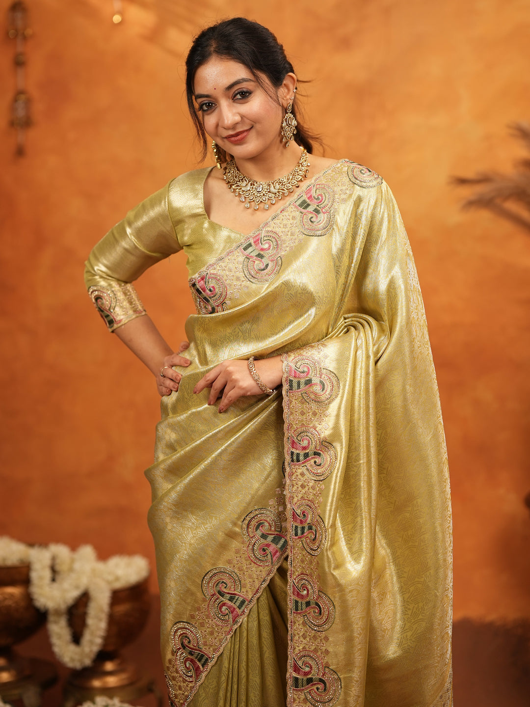 Olive Gold Banarasi Silk Embroidered Saree with Paisley Border & Zari Weaving | Heavy Embroidered Blouse with Tassels | Wedding & Festive Wear Saree