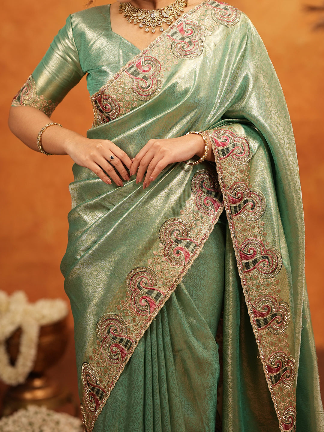 Sea Green Banarasi Silk Embroidered Saree with Paisley Border & Zari Weaving | Heavy Embroidered Blouse with Tassels | Wedding & Festive Wear Saree