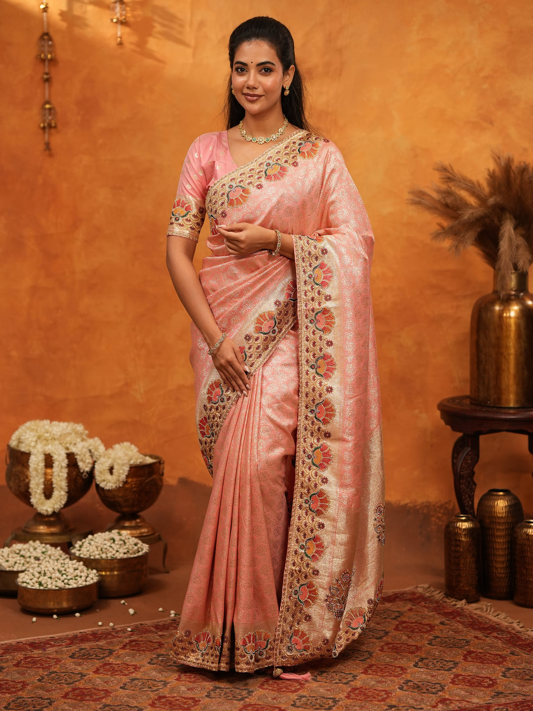 Soft Peach Pink Banarasi Silk Saree with Multicolor Peacock Floral Embroidered Border & Zari Weaving | Elegant Festive Wedding Wear Saree