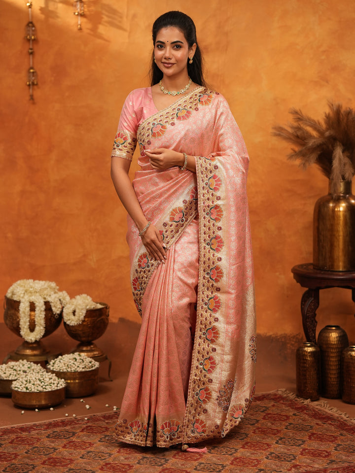 Soft Peach Pink Banarasi Silk Saree with Multicolor Peacock Floral Embroidered Border & Zari Weaving | Elegant Festive Wedding Wear Saree