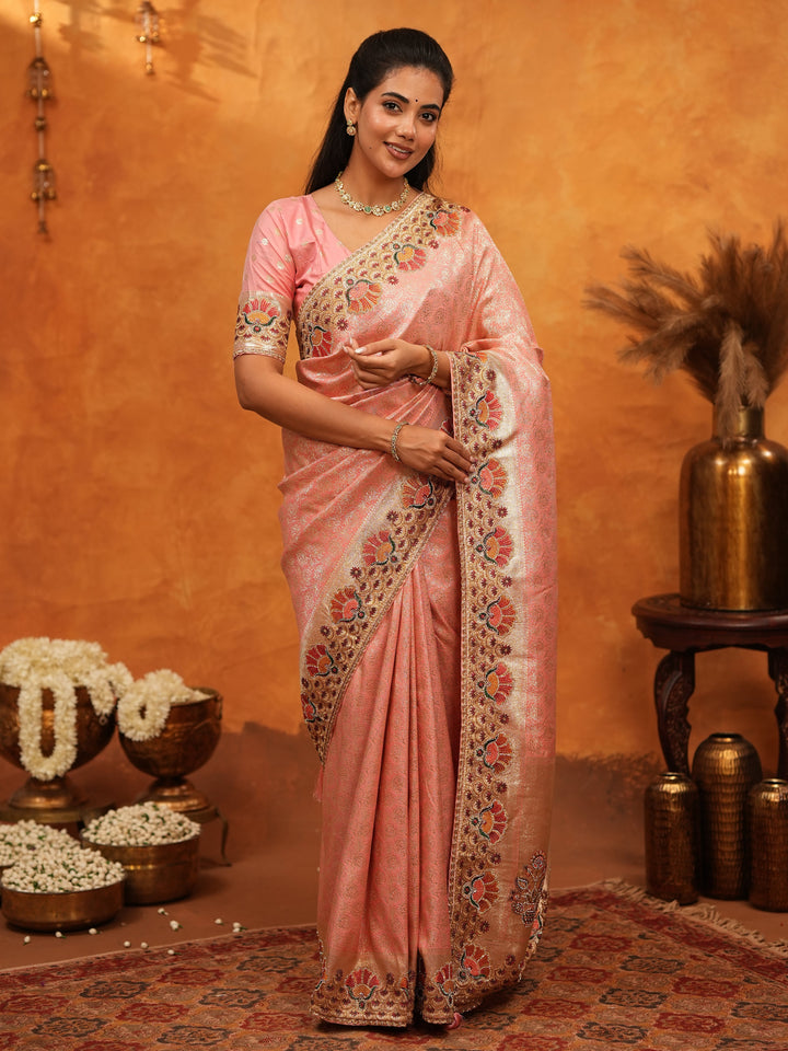 Soft Peach Pink Banarasi Silk Saree with Multicolor Peacock Floral Embroidered Border & Zari Weaving | Elegant Festive Wedding Wear Saree