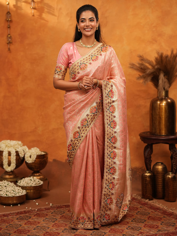 Soft Peach Pink Banarasi Silk Saree with Multicolor Peacock Floral Embroidered Border & Zari Weaving | Elegant Festive Wedding Wear Saree