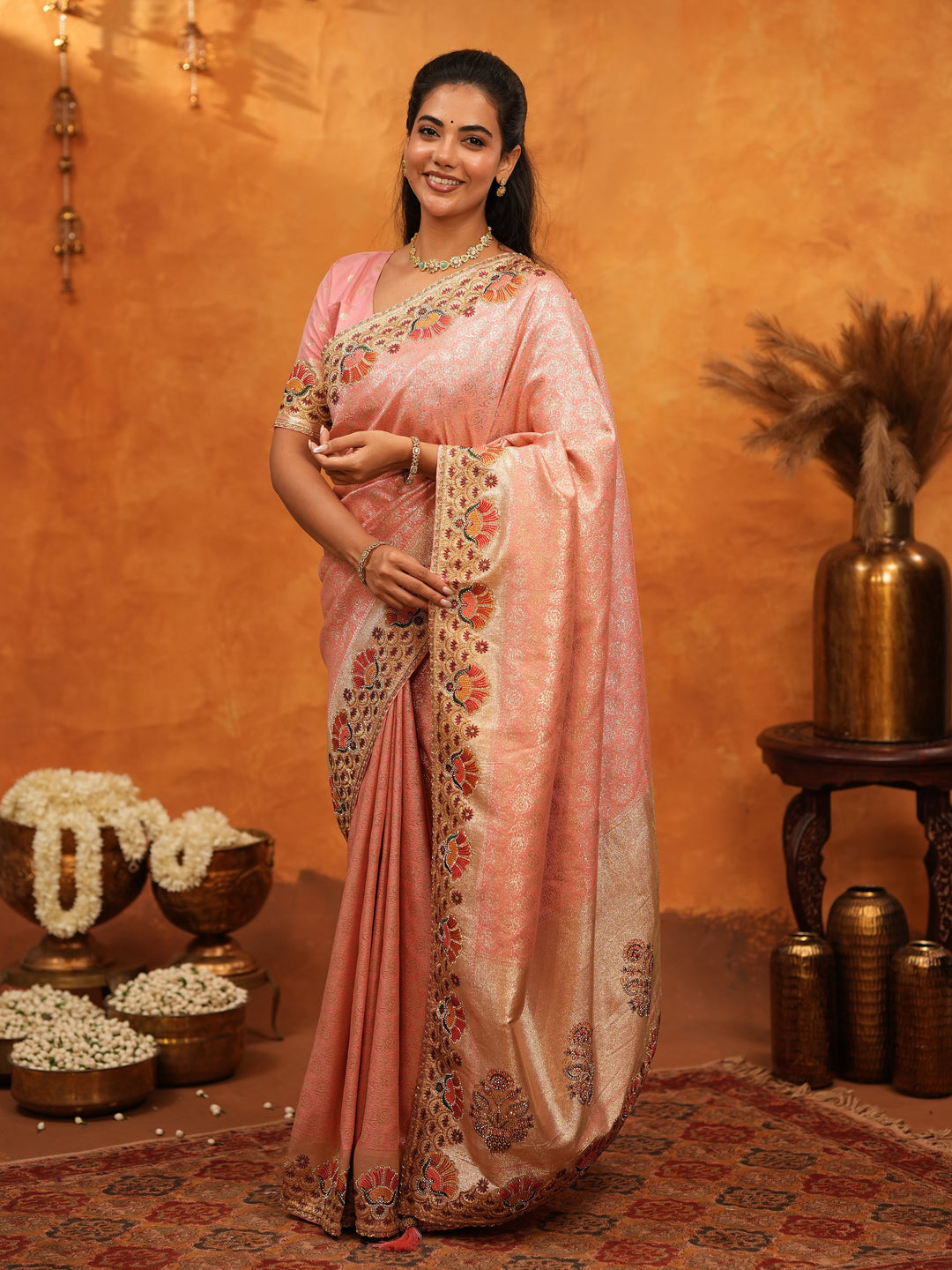 Soft Peach Pink Banarasi Silk Saree with Multicolor Peacock Floral Embroidered Border & Zari Weaving | Elegant Festive Wedding Wear Saree