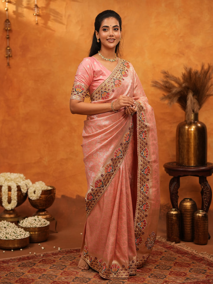 Soft Peach Pink Banarasi Silk Saree with Multicolor Peacock Floral Embroidered Border & Zari Weaving | Elegant Festive Wedding Wear Saree