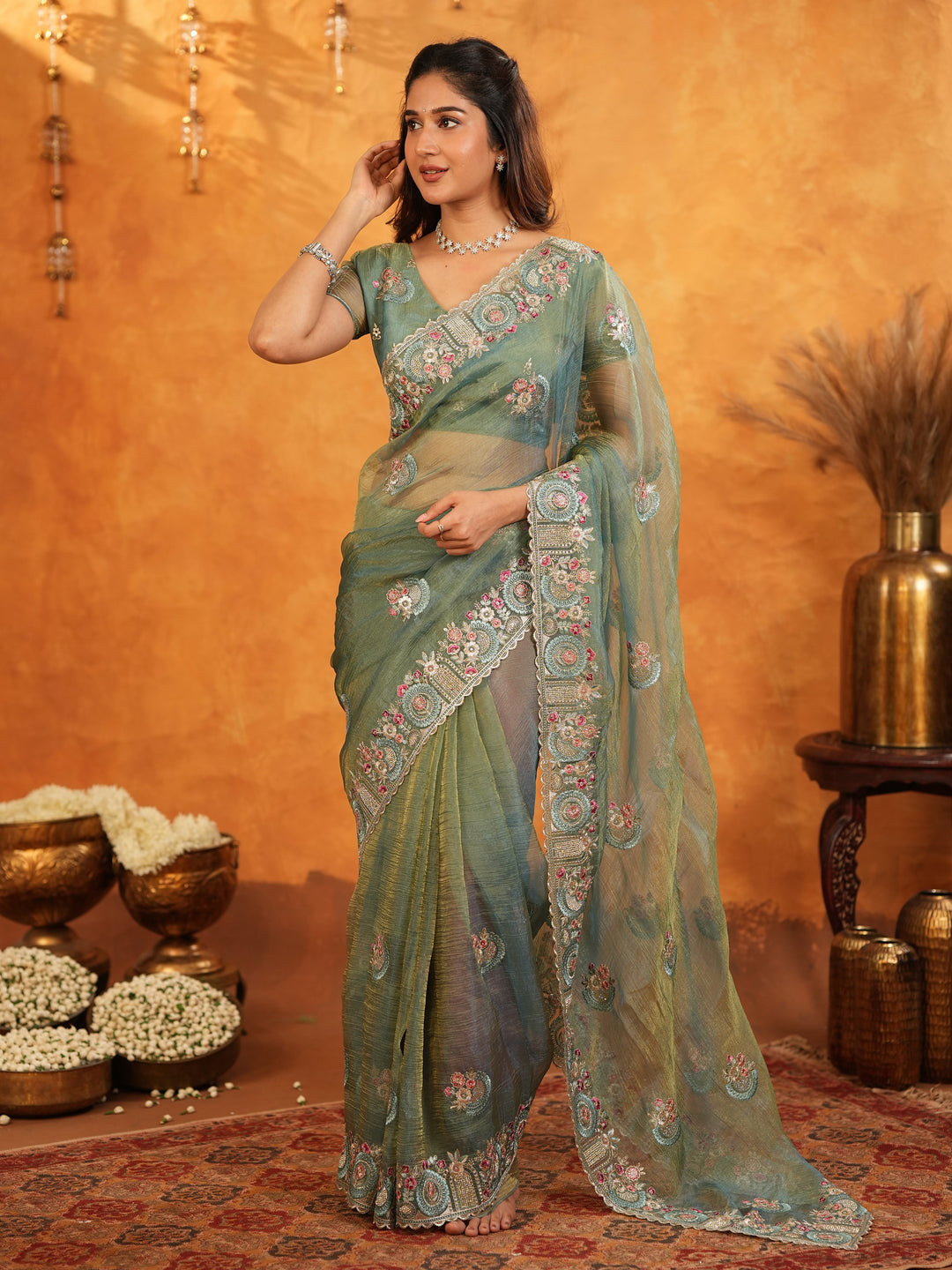 Teal Green Fendy Satin Embroidered Saree with Multicolor Floral Border & Tassels | Premium Designer Saree with Heavy Embroidered Blouse