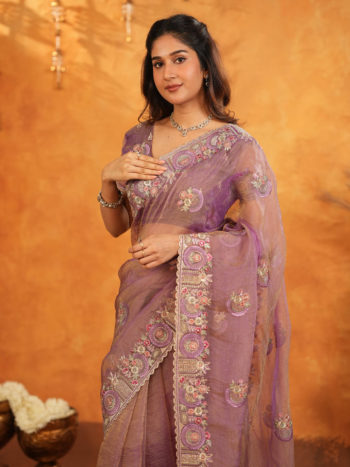 Lavender Mauve Fendy Satin Embroidered Saree with Multicolor Floral Border & Tassels | Premium Designer Saree with Heavy Embroidered Blouse