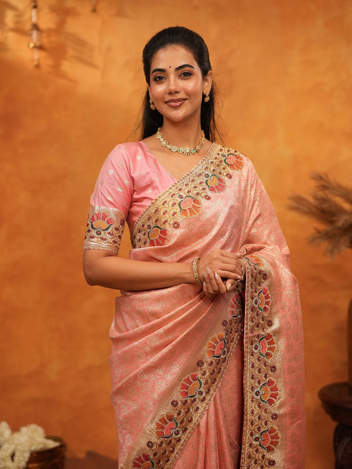 Soft Peach Pink Banarasi Silk Saree with Multicolor Peacock Floral Embroidered Border & Zari Weaving | Elegant Festive Wedding Wear Saree