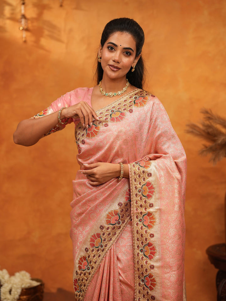 Soft Peach Pink Banarasi Silk Saree with Multicolor Peacock Floral Embroidered Border & Zari Weaving | Elegant Festive Wedding Wear Saree