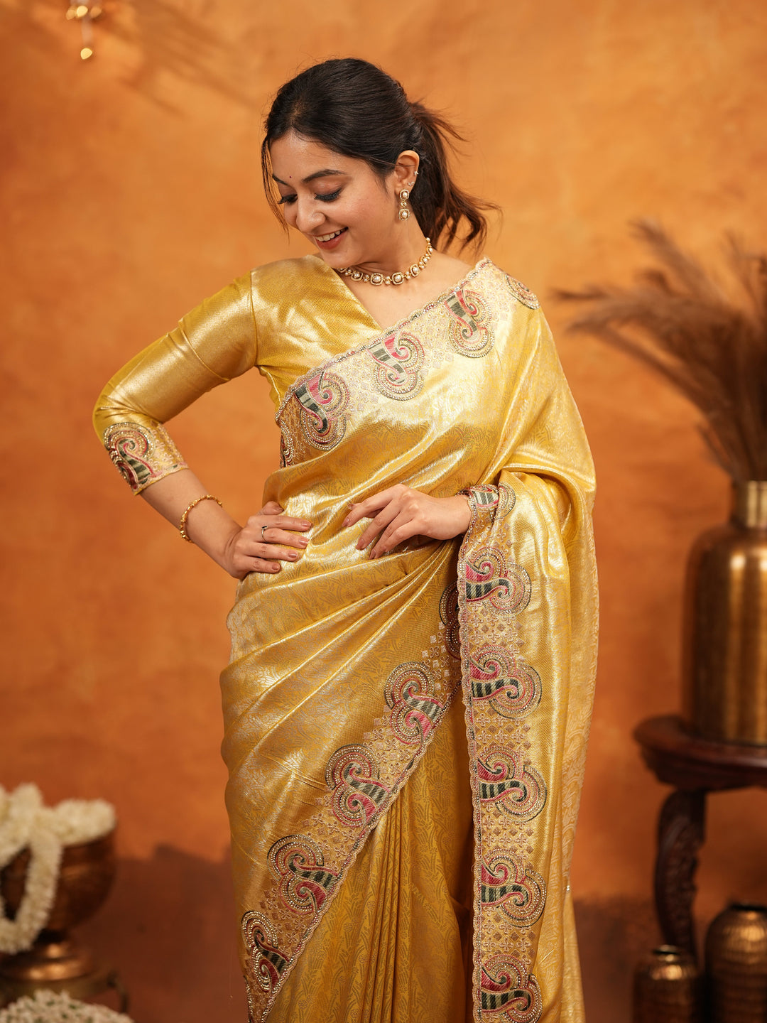 Golden Yellow Banarasi Silk Embroidered Saree with Paisley Border & Zari Weaving | Heavy Embroidered Blouse with Tassels | Wedding & Festive Wear Saree