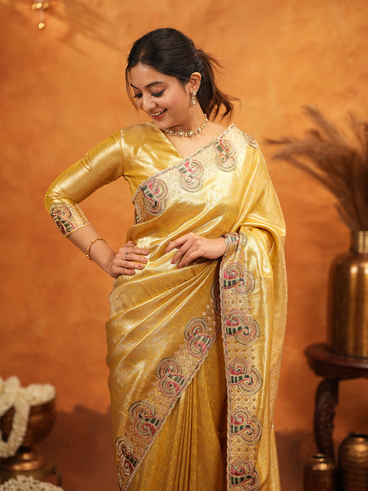 Golden Yellow Banarasi Silk Embroidered Saree with Paisley Border & Zari Weaving | Heavy Embroidered Blouse with Tassels | Wedding & Festive Wear Saree
