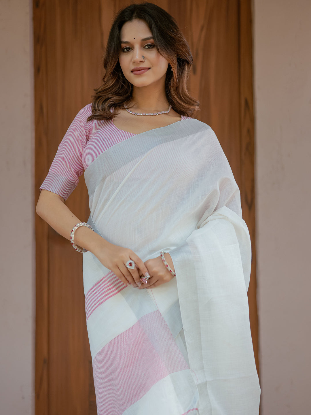 Pure White & Blush Pink Handloom Cotton Saree with Minimal Striped Border & Tassel Detailing