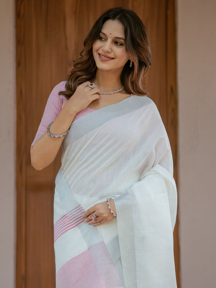 Pure White & Blush Pink Handloom Cotton Saree with Minimal Striped Border & Tassel Detailing