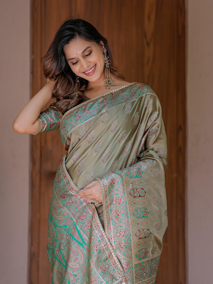 Elegant Olive Gold Banarasi Silk Saree with Intricate Paisley Zari Weaving & Tassel Detailing