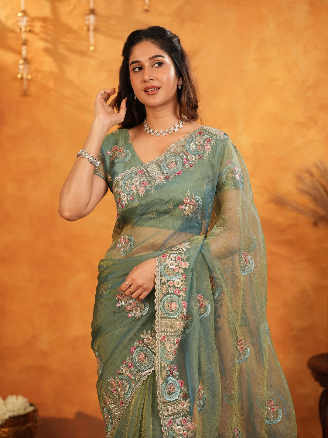 Teal Green Fendy Satin Embroidered Saree with Multicolor Floral Border & Tassels | Premium Designer Saree with Heavy Embroidered Blouse