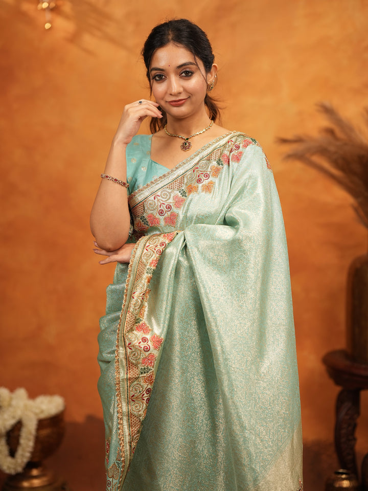 Mint Green Banarasi Silk Embroidered Saree with Multicolor Floral Border & Zari Weaving | Heavy Embroidered Blouse with Tassels | Wedding & Festive Wear Saree