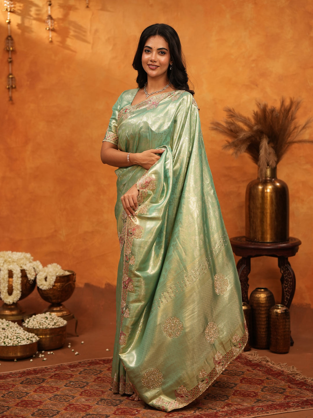 Elegant Mint Green Banarasi Silk Saree with Floral Embroidered Border & Zari Weaving | Designer Festive & Wedding Wear Saree