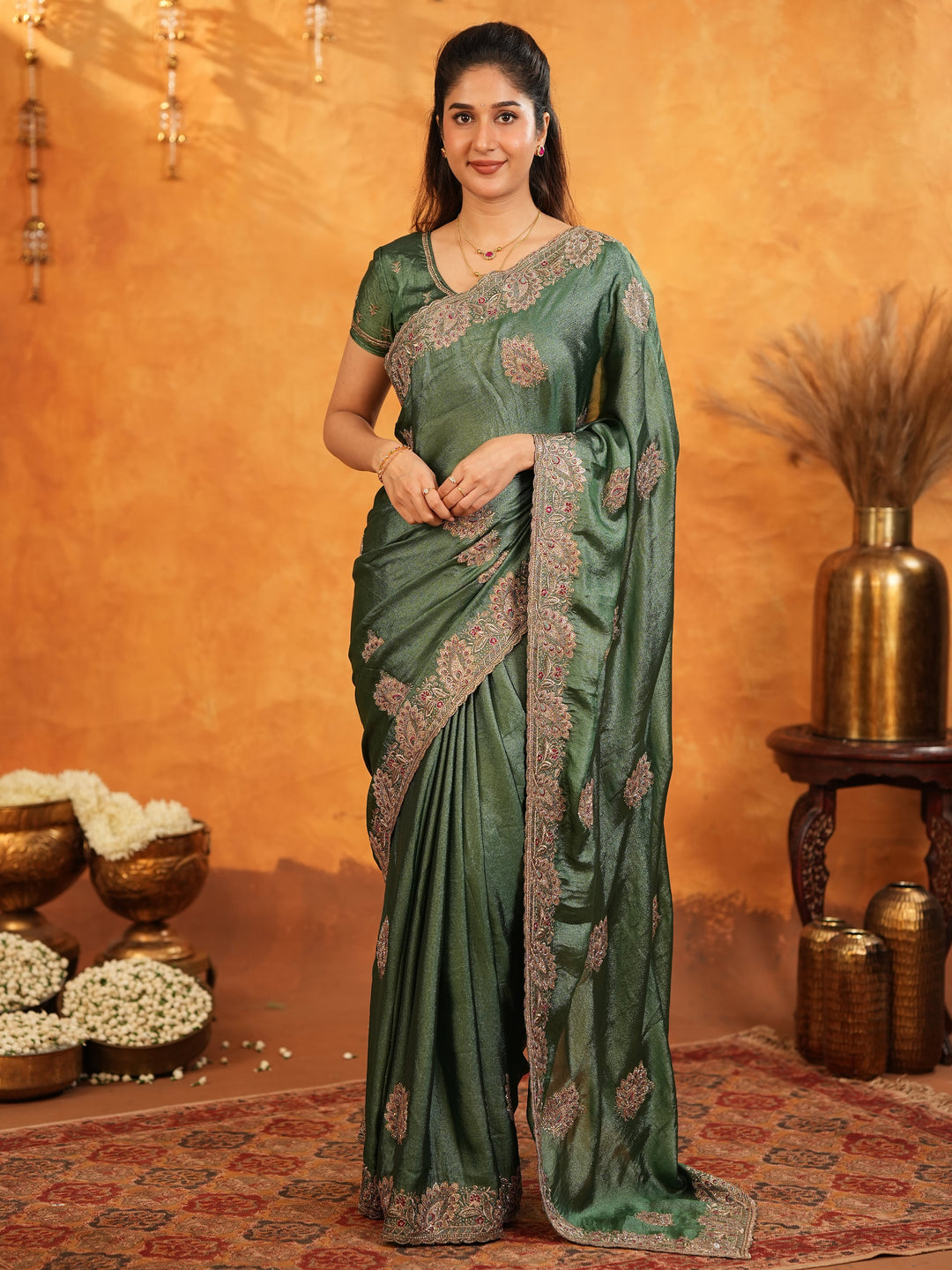 Bottle Green Fendy Satin Embroidered Saree with Intricate Floral Border & Tassels | Designer Saree with Heavy Embroidered Blouse
