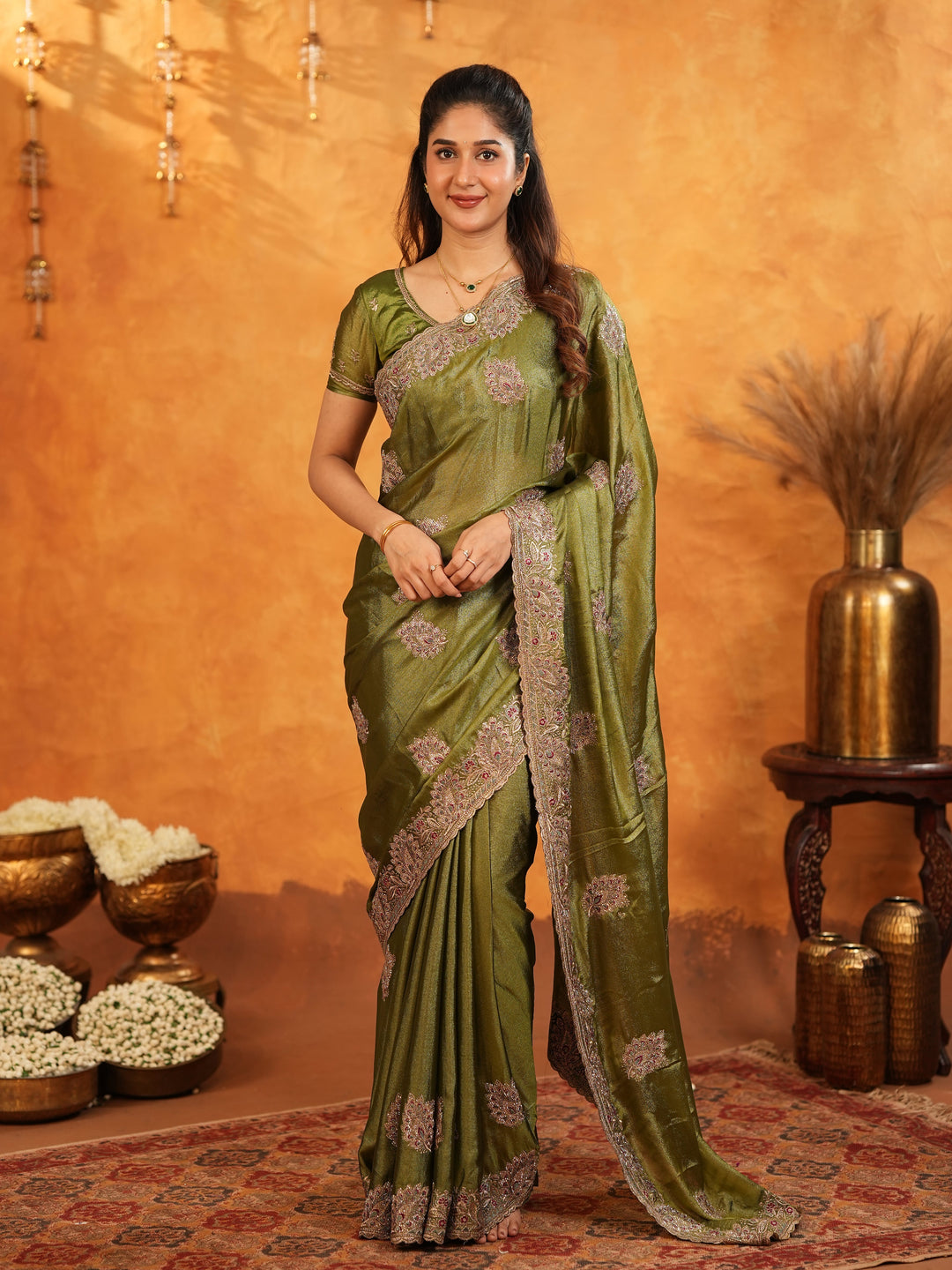 Olive Green Fendy Satin Embroidered Saree with Intricate Floral Border & Tassels | Designer Saree with Heavy Embroidered Blouse