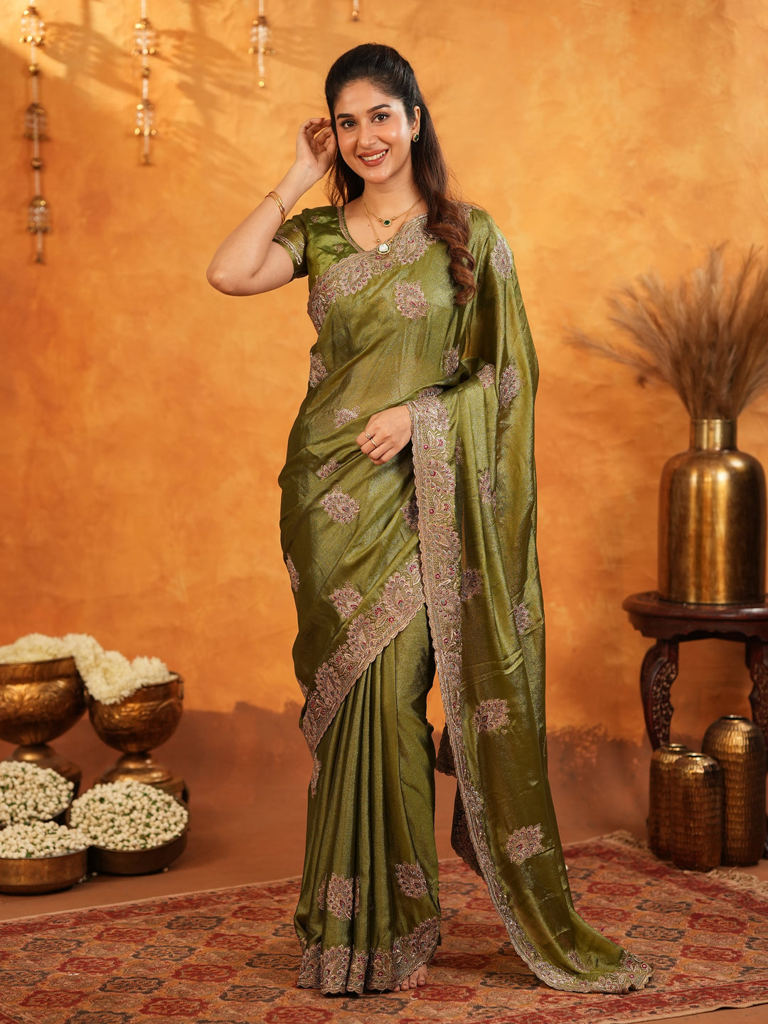 Olive Green Fendy Satin Embroidered Saree with Intricate Floral Border & Tassels | Designer Saree with Heavy Embroidered Blouse