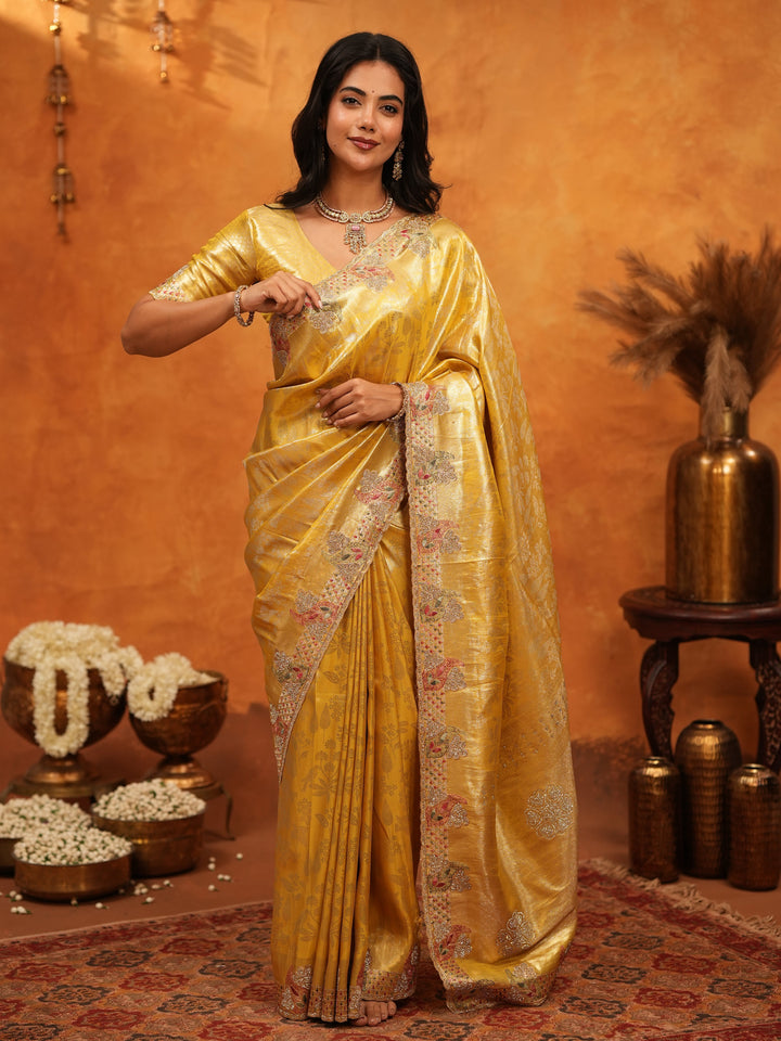 Rich Mustard Gold Banarasi Silk Saree with Elegant Floral Embroidered Border & Zari Weaving | Premium Festive Wedding Wear Saree