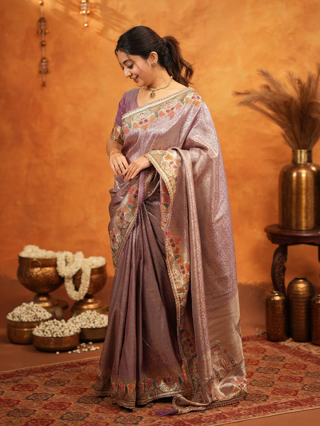 Dusty Mauve Banarasi Silk Embroidered Saree with Multicolor Floral Border & Zari Weaving | Heavy Embroidered Blouse with Tassels | Wedding & Festive Wear Saree
