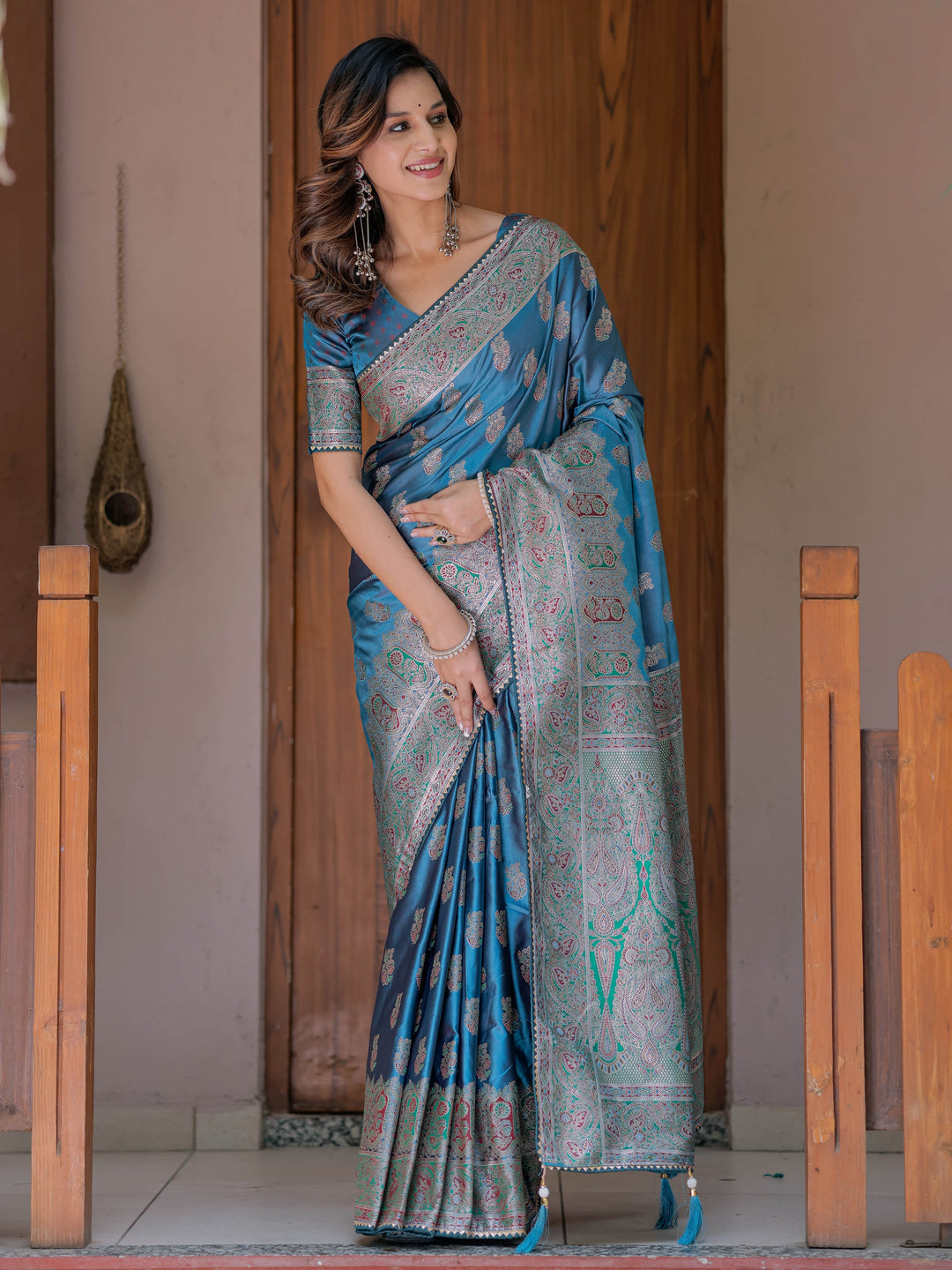 Royal Teal Blue Banarasi Silk Saree with Intricate Paisley Zari Weaving & Tassel Detailing