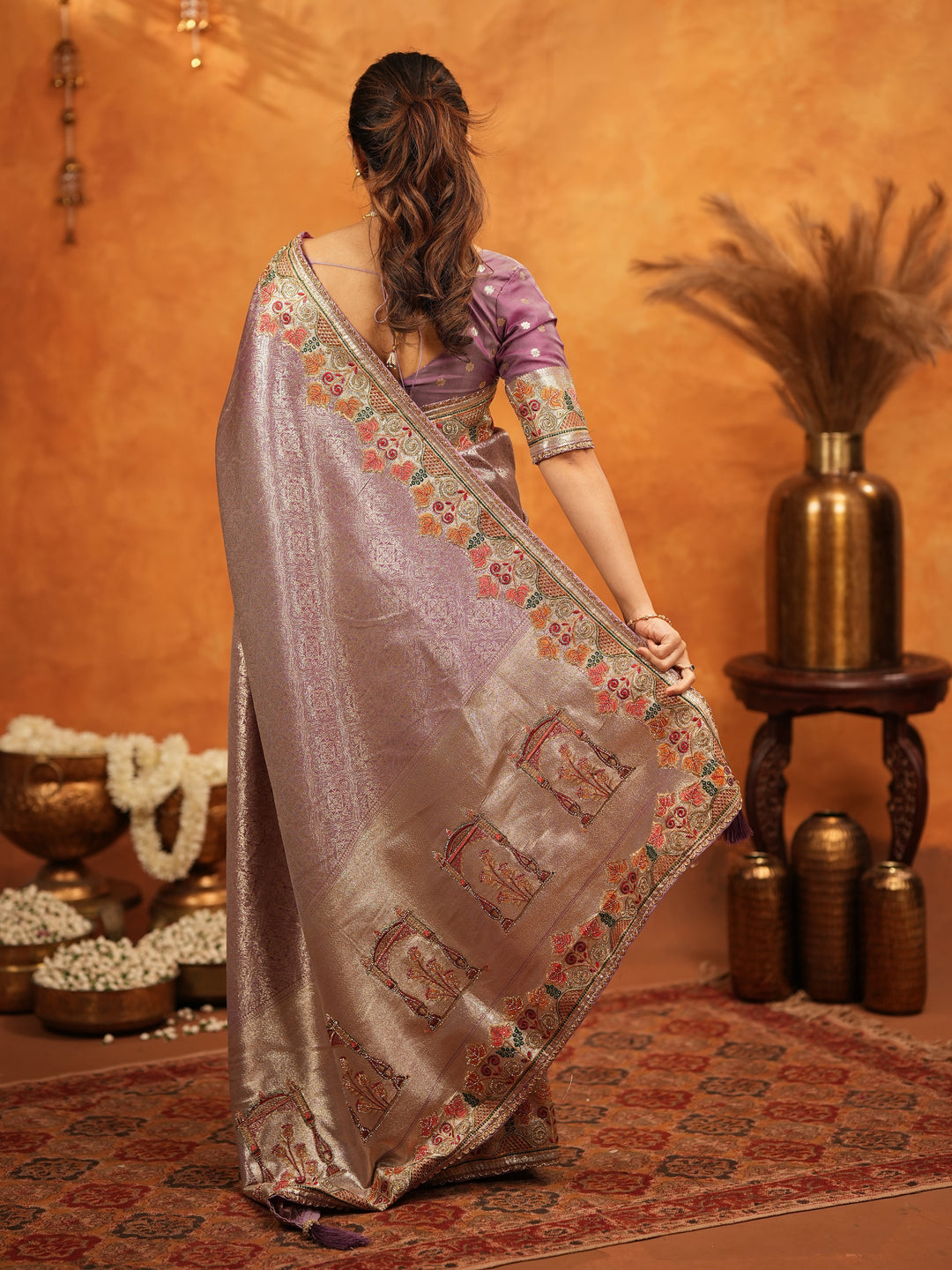Dusty Mauve Banarasi Silk Embroidered Saree with Multicolor Floral Border & Zari Weaving | Heavy Embroidered Blouse with Tassels | Wedding & Festive Wear Saree