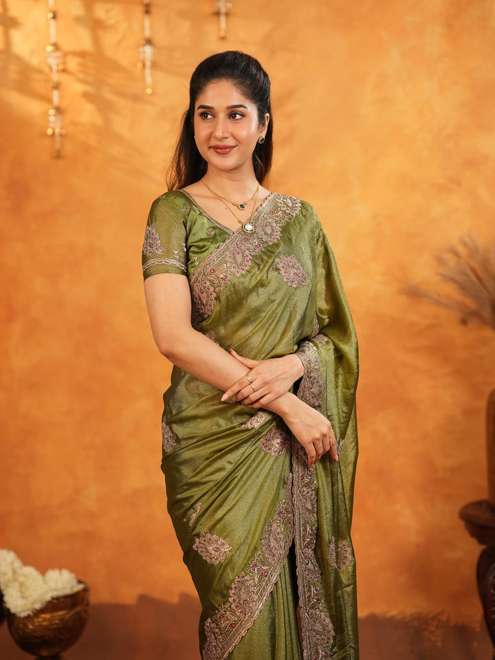 Olive Green Fendy Satin Embroidered Saree with Intricate Floral Border & Tassels | Designer Saree with Heavy Embroidered Blouse