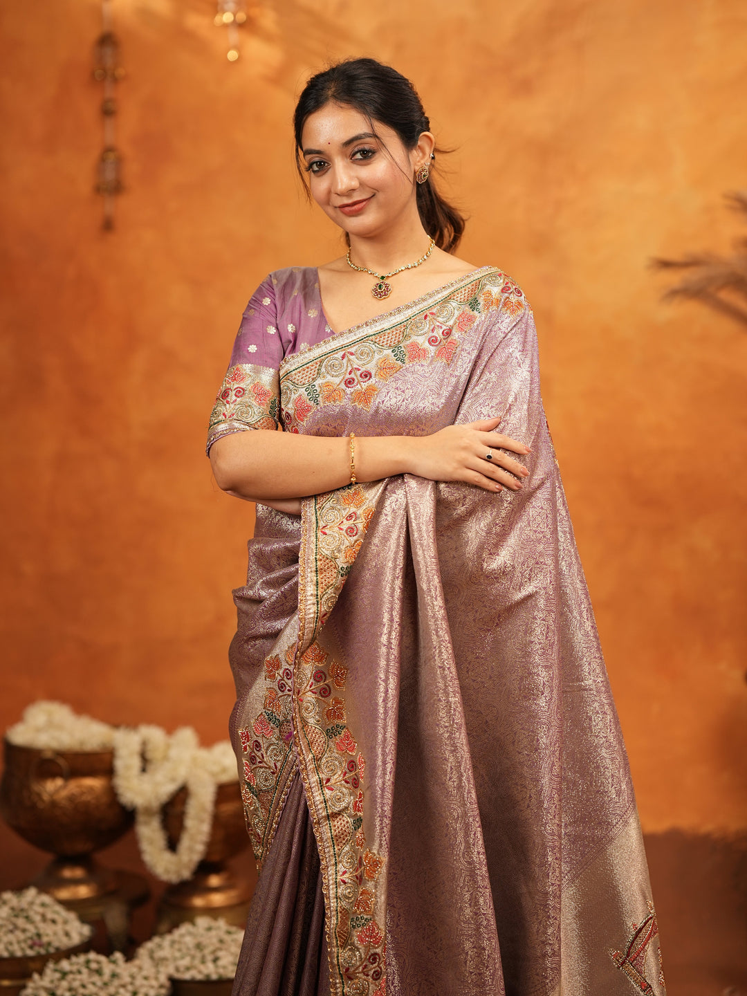 Dusty Mauve Banarasi Silk Embroidered Saree with Multicolor Floral Border & Zari Weaving | Heavy Embroidered Blouse with Tassels | Wedding & Festive Wear Saree