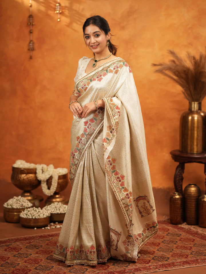 Ivory Cream Banarasi Silk Embroidered Saree with Multicolor Floral Border & Zari Weaving | Heavy Embroidered Blouse with Tassels | Wedding & Festive Wear Saree