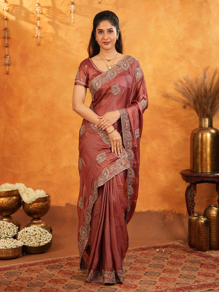 Wine Maroon Fendy Satin Embroidered Saree with Rich Floral Border & Tassels | Designer Saree with Heavy Embroidered Blouse