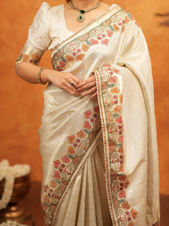 Ivory Cream Banarasi Silk Embroidered Saree with Multicolor Floral Border & Zari Weaving | Heavy Embroidered Blouse with Tassels | Wedding & Festive Wear Saree