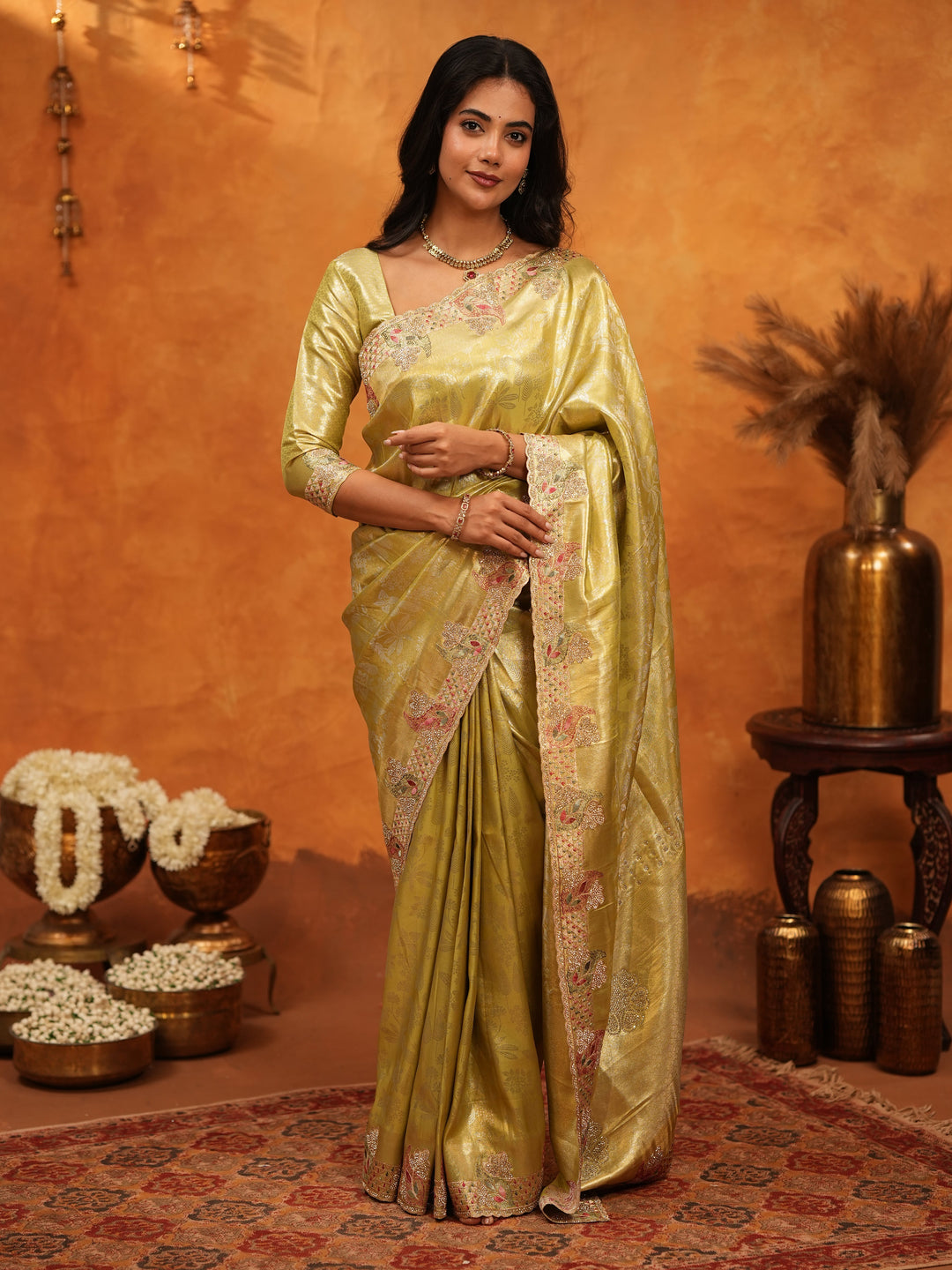 Elegant Olive Gold Banarasi Silk Saree with Floral Embroidered Border & Zari Weaving | Premium Festive Wedding Wear Saree