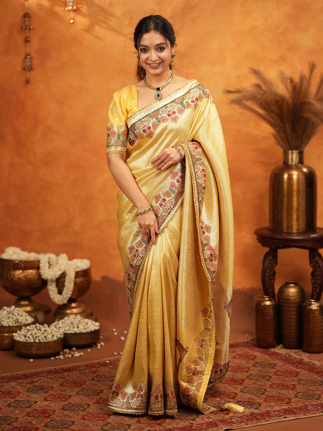 Sunshine Yellow Banarasi Silk Embroidered Saree with Multicolor Floral Border & Zari Weaving | Heavy Embroidered Blouse with Tassels | Wedding & Festive Wear Saree