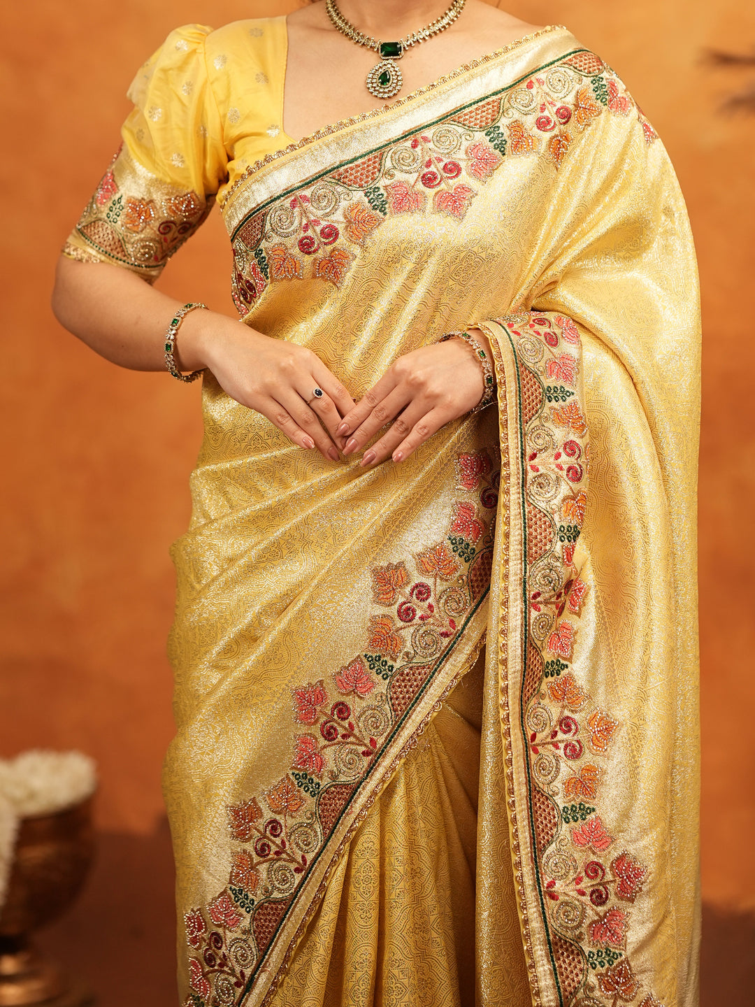 Sunshine Yellow Banarasi Silk Embroidered Saree with Multicolor Floral Border & Zari Weaving | Heavy Embroidered Blouse with Tassels | Wedding & Festive Wear Saree