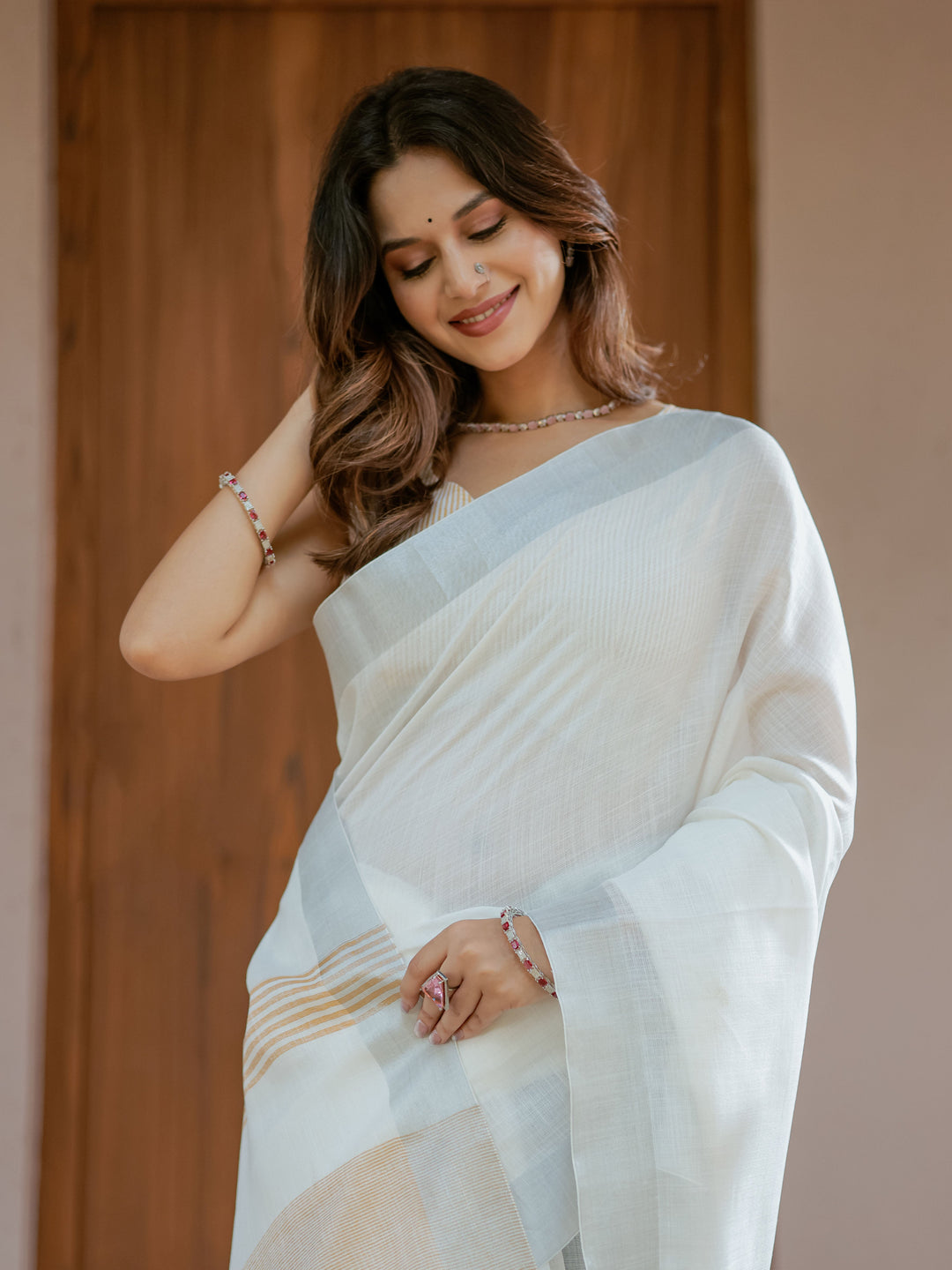 Pure White & Mustard Gold Handloom Cotton Saree with Minimal Striped Border & Tassel Detailing