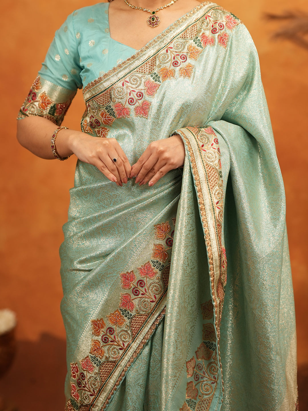Mint Green Banarasi Silk Embroidered Saree with Multicolor Floral Border & Zari Weaving | Heavy Embroidered Blouse with Tassels | Wedding & Festive Wear Saree