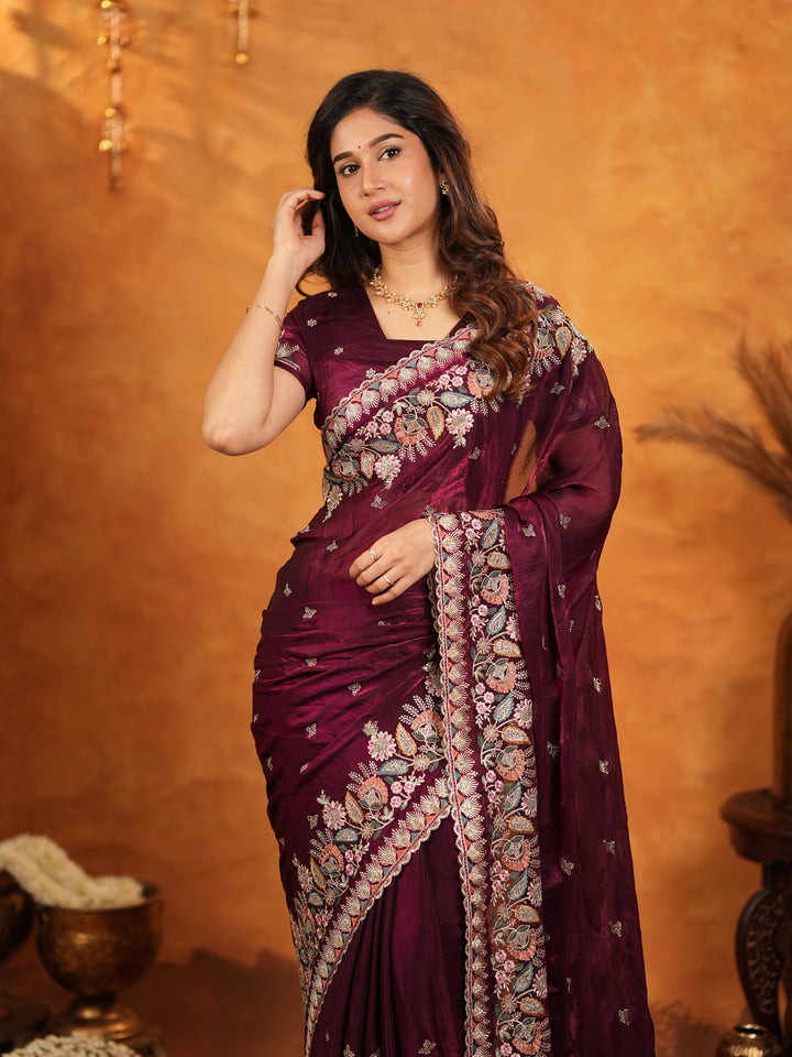 Deep Wine Purple Fendy Satin Embroidered Saree with Heavy Floral Border & Tassels | Designer Saree with Rich Embroidered Blouse