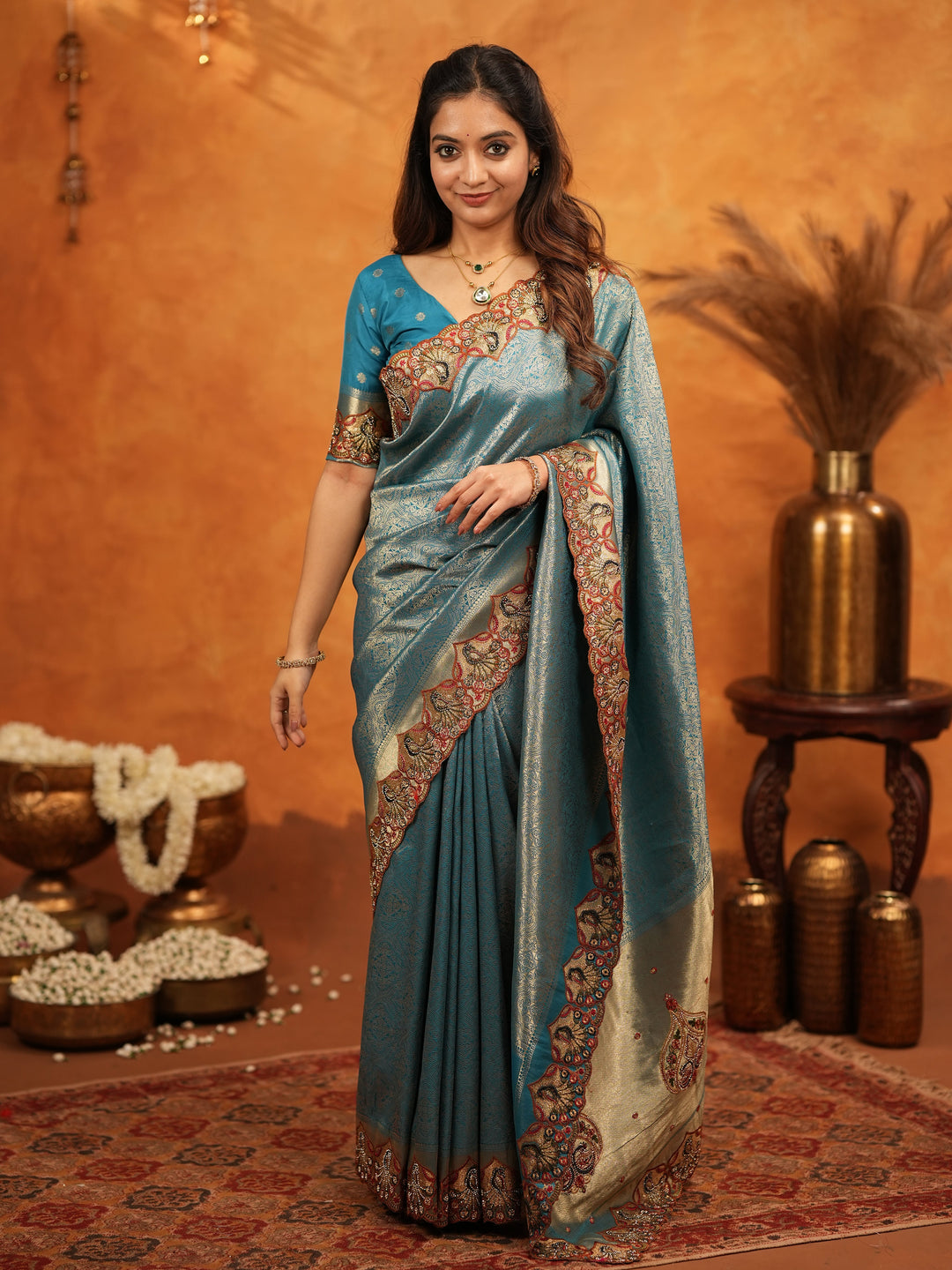 Teal Blue Banarasi Silk Saree with Intricate Zari Weaving & Heavy Embroidered Border | Designer Festive Wedding Wear Saree with Blouse & Tassels
