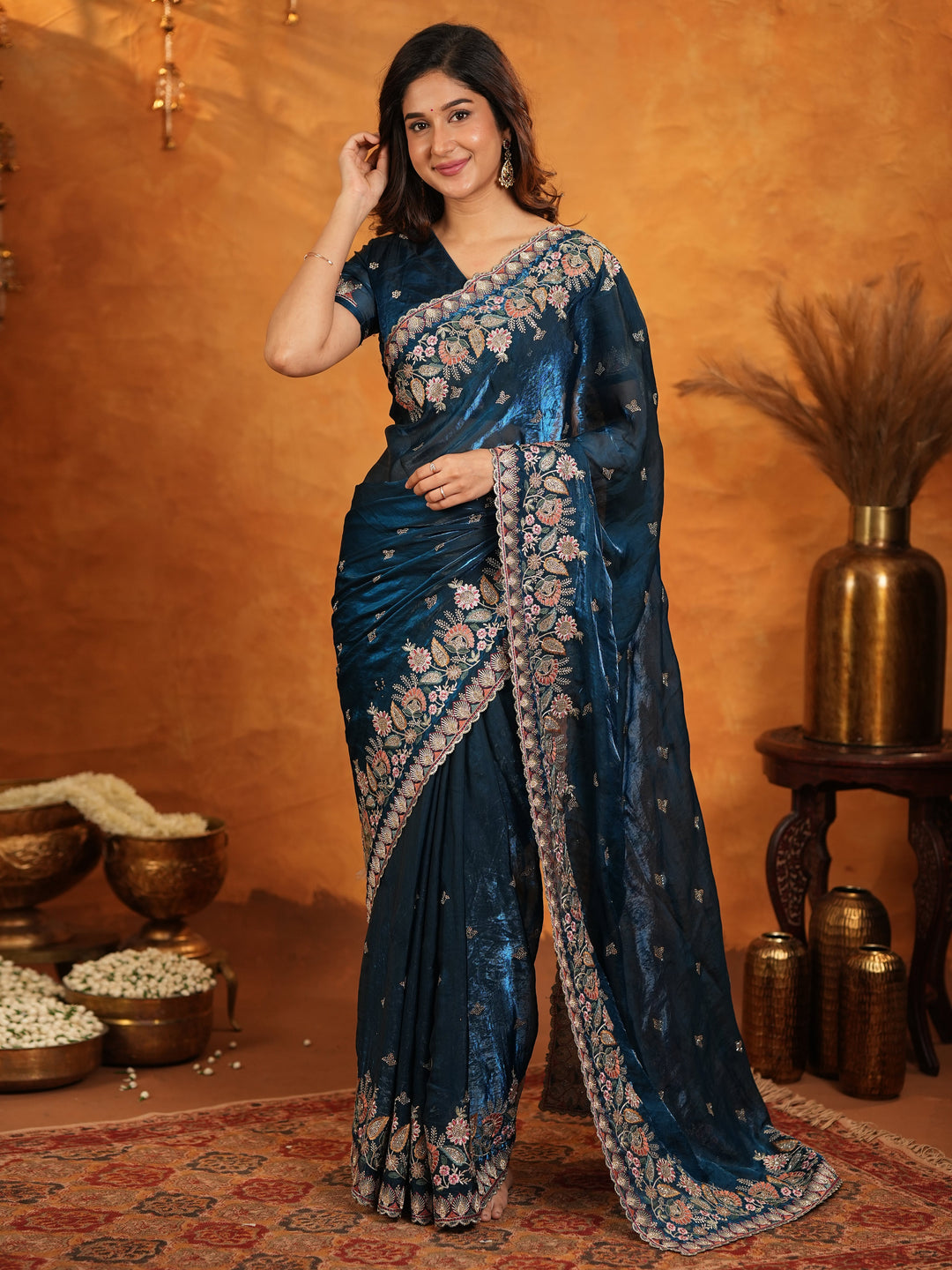 Royal Navy Blue Fendy Satin Embroidered Saree with Heavy Floral Border & Tassels | Designer Saree with Rich Embroidered Blouse