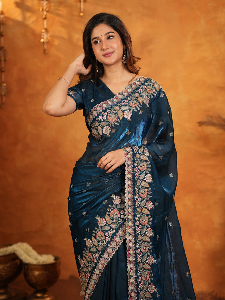 Royal Navy Blue Fendy Satin Embroidered Saree with Heavy Floral Border & Tassels | Designer Saree with Rich Embroidered Blouse